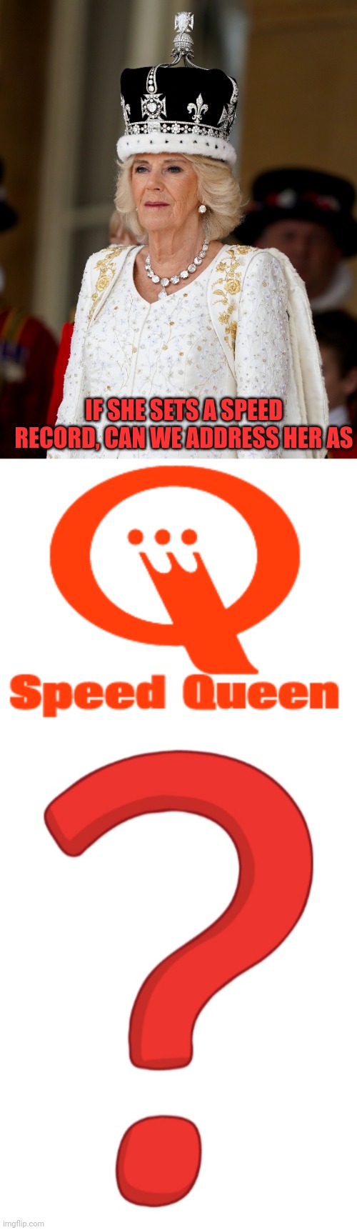 How to Address The Queen | IF SHE SETS A SPEED RECORD, CAN WE ADDRESS HER AS | image tagged in queen of england,camilla,speed,queen,coronation,crown | made w/ Imgflip meme maker