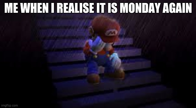 Sad mario | ME WHEN I REALISE IT IS MONDAY AGAIN | image tagged in sad mario | made w/ Imgflip meme maker