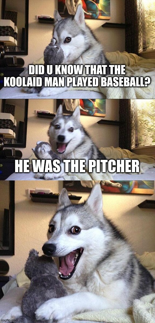 Bad Pun Dog | DID U KNOW THAT THE KOOLAID MAN PLAYED BASEBALL? HE WAS THE PITCHER | image tagged in memes,bad pun dog | made w/ Imgflip meme maker