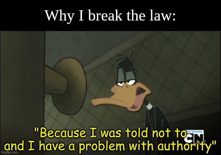 Reasonable | Why I break the law:; "Because I was told not to and I have a problem with authority" | image tagged in memes,funny,law,cartoon,looney tunes | made w/ Imgflip meme maker