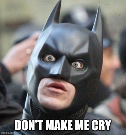 Cry | DON’T MAKE ME CRY | image tagged in shocked batman | made w/ Imgflip meme maker