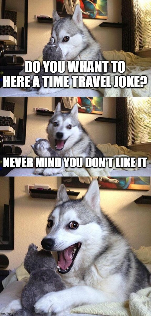 Dad joke ? | DO YOU WHANT TO HERE A TIME TRAVEL JOKE? NEVER MIND YOU DON'T LIKE IT | image tagged in memes,bad pun dog | made w/ Imgflip meme maker