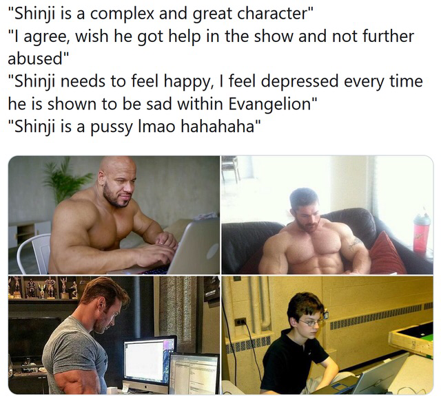 "Shinji is a complex and great character" "I agree, wish he got help in the show and not further abused" "Shinji needs to feel happy, I feel depressed every time he is shown to be sad within Evangelion" "Shinji is a p---- Imao hahahaha"