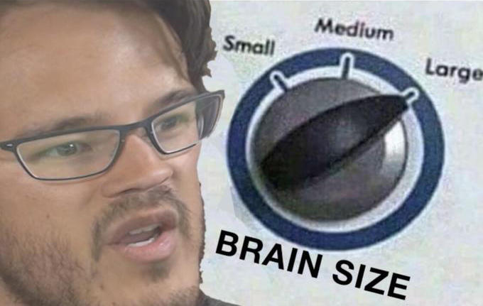 Markiplier with a big forehead and a brain size dial going from small to large