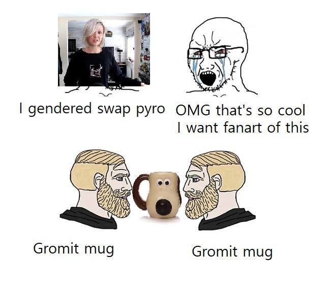 I gendered swap pyro OMG that's so cool I want fanart of this Gromit mug Gromit mug