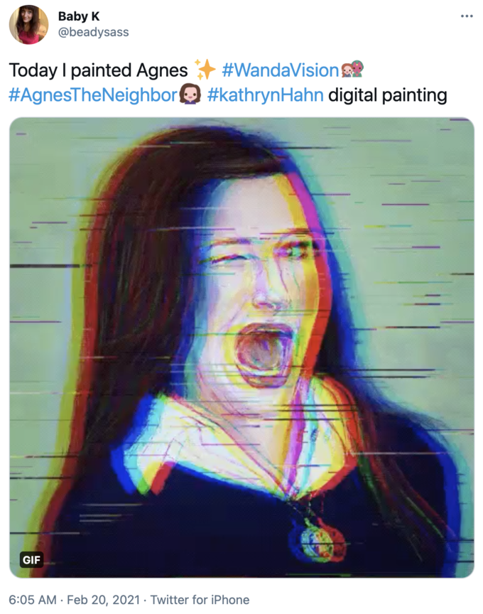 Baby K @beadysass #WandaVision Today I painted Agnes #AgnesTheNeighbor| #kathrynHahn digital painting GIF 6:05 AM · Feb 20, 2021 · Twitter for iPhone