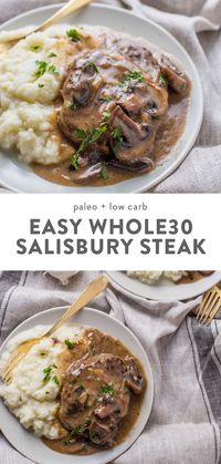 This easy Whole30 Salisbury Steak recipe is a healthy spin on a comfort food classic. Tender beef patties smothered with a homemade mushroom gravy ready in just 30 minutes! Serve this gluten-free, grain-free & paleo dish with mashed potatoes or mashed cauliflower for a low-carb version! #whole30 #lowcarb