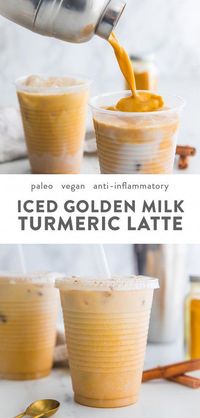 This iced golden milk turmeric latte is paleo and vegan, loaded with anti-inflammatory turmeric and other ancient, healing spices. It comes together so quickly and is naturally sweetened, super refreshing, and perfect for warmer weather. This iced golden milk turmeric latte is a modern take on an ancient healing drink, and you can feel fantastic about shaking up batches of this paleo and vegan drink! #healthydrinks #turmeric #vegan #paleo