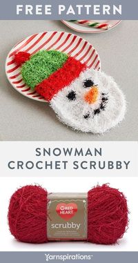 Free crochet pattern using Red Heart Scrubby yarn. Free Snowman Scrubby pattern. Whether you use him in the bath or at the kitchen sink, this jolly fellow can't help but make it more fun! He's crocheted with this unique polyester yarn that can be washed by machine and air dries quickly. #yarnspirations #freecrochetpattern #crochetscrubby #crochetdishcloth #christmascrochet #crochetsnowman #redheartscrubby