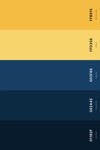 1. Blue And Yellow Color Palette Color Palette with Oxford Blue (Hex #011B2F) + Prussian Blue (Hex #002A45) + Indigo Dye (Hex #003F66) + Mustard (Hex #FFD358) + Selective Yellow (Hex #FFB915) Color Palette with Hex Codes