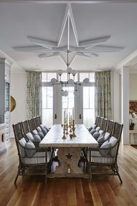 Modern farmhouse dining room with rustic farm table and statement medallion at ceiling. #SarahRichardson #farmhousediningroom