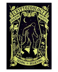 Cryptozoology literally means “the study of hidden animals” with the term first published in 1959 to describe the study of animals whose existence has not yet been proven. As a tribute to this peculiar research, this art print features some of Cryptozoology's most well-known cryptids (each within their own illustrated vignette), which are listed below: Sasquatch (Big Foot) - Bluff Creek, CA: In homage to one of the most famous Big Foot poses caught on camera.Chupacabra - Canóvanas, PR: This bloo