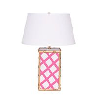 This bamboo-edged table lamp adds a sophisticated note to any room. Dana Gibson Inc. Base Color: Pink Lattice | Dana Gibson Inc. 26" Table Lamp 26.0 H x 16.0 W x 16.0 D in pink / whiteLinen / Metal in Pink Lattice | 26" H X 16" W X 16" D | Wayfair