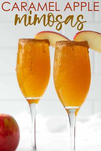 These sinfully delicious mimosas with a decadent caramel syrup and cinnamon sugar rim will be a hit at your next fall brunch!