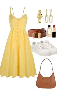 For a casual chic look with effortless elegance, style a yellow spaghetti strap long floral dress. This breezy dress radiates a soft, feminine vibe while maintaining comfort. Pair it with golden long earrings and a sleek golden watch for a touch of glamour. Define your waist with a brown belt for added sophistication. Maroon lipstick adds a bold pop of color, and an elegant perfume completes the fresh, polished aura. Balance the look with white platform sneakers for a modern, comfortable touch, and carry a brown leather shoulder bag for practicality and style.  Follow this page for more effortlessly elegant outfit ideas. #CasualChic #EffortlessElegance #FloralDressVibes #SummerFashion #OutfitInspiration #PinterestFashion #OOTD #WomensStyle