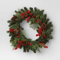 28" Mixed Greenery And Cedar With Pinecones And Red Berries Artificial Christmas Wreath Green - Wondershop™ : Target