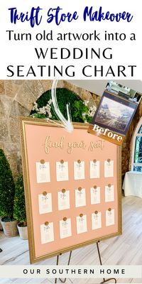 Christy from Our Southern Home shares how to create this gorgeous DIY Wedding Seating Chart using old, oversized thrift store artwork for a budget-friendly look that looks custom with very little money. Visit Our Southern Home for all the details from selecting the frame to customizing the look to work with your colors.