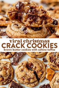 Chewy brown butter cookies with homemade saltine cracker toffee will become your new favorite cookie. The saltine toffee (aka Christmas crack) gives the cookies a salty, caramel flavor and a crunchy texture. The extra step of making your own toffee takes 15 minutes and is 100% worth it for these toffee cookies!