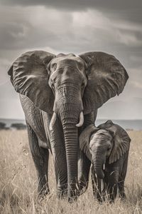 Immerse yourself in the tranquil beauty of the African landscape with this stunning portrait of an elephant and its adorable calf. The gentle giants stand side by side, embodying strength, love, and the timeless bond of family. Their majestic presence amidst golden grasses and an expansive sky reminds us of the wild's wonder and the elegance of nature's creatures. Let this image inspire your wanderlust and appreciation for wildlife conservation.   #ElephantLove #WildlifePhotography #NatureLovers #AfricanSafari #MotherAndCalf #Conservation #WildlifeProtection #MajesticCreatures