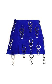 *Final Sale* "Ring on it" Suede Micro Mini Skirt! A room-shaking, noise-making, show-stopping skirt. 12-15, 3-Ring Silver Metal Trim at Front panel and invisible zipper opening at the center back. -Model, Cory, is 5' 9" wearing size 2. COMPOSITION & CARE Cobalt Blue Suede 100% Genuine Leather Dry Clean Only