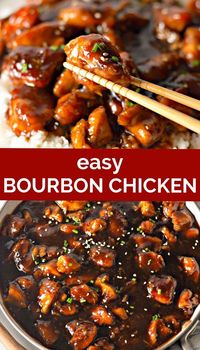 Bourbon Chicken - crispy chicken with the most delicious sticky-sweet Bourbon Sauce made in just a few minutes. This easy bourbon chicken is super addictive and you'll be going back for seconds! One of our favorite chicken recipes to serve over rice, give it a try if you like fusion flavors, Asian inspired sauces, and are looking for chicken breast recipes for dinner.