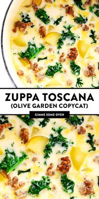 The BEST Zuppa Toscana soup recipe, inspired by the Olive Garden! This creamy soup is full of Italian sausage, potatoes and kale, it's easy to make, naturally gluten-free, and SO delicious! | gimmesomeoven.com #soup #italian #sausage #potato #kale #dinner #glutenfree