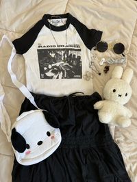 outfit inspo fashion inspo miffy plushie pochacco bag round sunglasses radio silence shirt brandy shirt brandy tee brandy melville black long ruffle skirt