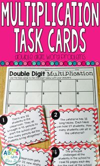 Use these task cards for students to practice double digit multiplication using word problems. Students can conceptualize multiplication by reading the card, solving using various strategies and recording their answers.