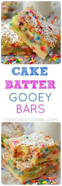 These Cake Batter Gooey Bars are AMAZING. Gooey, chewy and studded with rainbow sprinkles, they taste JUST like cake batter and are so easy to make!