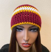 🧶Show your team spirit for your favorite NFL team with this team spirit beanie!! Washington Commanders official team colors: burgundy, gold 🧶A pompom, which includes all of the colors, can be added.  Select "With pompom" under Beanie Style.  The pompom is a confetti-style pompom. (Shown in the pictures) Note: yarn colors are matched as close as possible 🧶Sizing: One size fits most (21"-23" head circumference) 🧺Care:  Machine wash on gentle/hand wash setting in cool or warm water. For best results, do not tumble dry. Reshape and air dry flat.  If you choose to tumble dry, do so on the lowest setting.  OR Handwash in gentle detergent in cool or warm water. Reshape and air dry flat. 🌐Follow on Instagram: @fiberartfashion 📲Share photos of yourself wearing your accessories! Tag me: @fiber