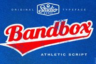 - BASEBALL FONT

Inspired by classic sport logo lock-ups, Bandbox delivers with its heavy, streaming cursive letterforms. Bandbox's wide, gently-sloped script comes bundled with a collection of ligatures and 18 athletic swash banners, perfect for logotype, posters and t-shirt designs.