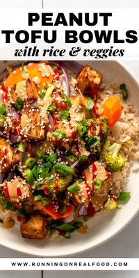 If you love bowls, you’ll love having this delicious tofu peanut bowl in rotation. It’s super easy to make, easy to customize, tastes amazing and is packed with nutrition!  You’ll love the crispy tofu with roasted veggies, rice and the most delicious sweet and spicy ginger peanut sauce. Finish them off with scallions, sesame seeds and Sriracha for a tasty crowd-pleasing meal you’ll love to make again and again.