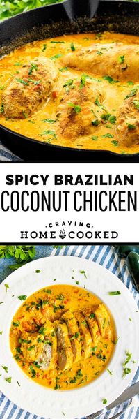 This Spicy Brazilian Coconut Chicken is super fragrant, flavorful, and packed full of perfectly tender chicken. Don't even get me started on the sauce, full of ginger and fresh garlic with a swift kick of heat. Need I say more? #spicy #brazilian #coconut #chicken