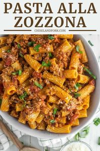 A mash-up of three famous pasta dishes, amatriciana, cacio e pepe and carbonara, this pasta alla zozzona is an eruption of flavor. #pastaallazozzona #pasta #rigatoni | chiselandfork.com