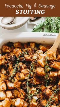 Turn leftover focaccia into this flavorful Focaccia Fig and Sausage Stuffing! With savory sausage and sweet figs, this hearty dish is perfect for any meal. Don’t have focaccia? Sourdough or white bread works just as well! #StuffingRecipe #FocacciaStuffing #HolidayRecipes #SavoryAndSweet