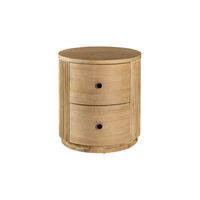 The Jacobson Nightstand exudes modern elegance with its round silhouette and natural acacia wood finish. Featuring vertical grooves that add texture and visual interest, this nightstand is both stylish and functional, offering two spacious drawers for storage. The minimalist black round drawer pulls contrast beautifully with the warm wood tones, making it an ideal addition to contemporary bedrooms. Its sleek design enhances any décor, while the natural wood grain ensures uniqueness in each piece