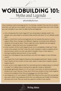 Are you currently struggling with your world building process? Don't worry: I created a series with valuable world building tips, tricks and advice. Today it's about myths and legends. This pin provides you with interesting questions to ask yourself about myths and legends in your fantasy world. So save it for later and share it with someone who might also need it!  writing | writing fantasy | worldbuilding | worldbuilding in fantasy books | myths and legends | questions to ask yourself about your worldbuilding #writing #writer #worldbuilding #fantasyworld #advice #tips #fyp