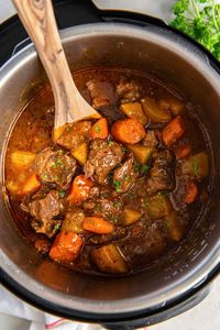 Best Ever Instant Pot Beef Stew! With tender beef and vegetables in a rich, flavorful broth, this easy beef stew recipe is the best comfort food. It's a healthy, family-friendly dinner idea!