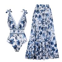 Sling Blue Jewelry Series Pattern Print One Piece Swimsuit and Skirt or Sarong