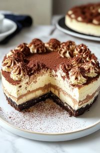 Ingredients:  Chocolate crust: 35 chocolate creme cookies 5 tbsp unsalted butter, melted Cheesecake filling: 24 oz cream cheese (room temp) 8 oz mascarpone cheese (room temp) 1½ cups granulated sugar ½ tsp salt 1 tsp vanilla essence 4 large eggs (room temp) ½ cup heavy cream 1 cup sour cream 1 tbsp cornstarch 12 ladyfingers ½ cup strong coffee Coffee mascarpone cream: 4 oz mascarpone cheese (cold) 2-4 tbsp sugar 1 tsp instant coffee mixed with 1 tsp water 1 cup heavy whipping cream (chilled) Decoration: 2 tbsp cocoa powder Instructions:  Preheat oven to 350°F, bake chocolate crust for 7-8 mins. Mix cheesecake filling, layer with coffee-soaked ladyfingers, and bake in a water bath at 320°F for 80 mins. Chill overnight. Spread mascarpone cream and dust with cocoa powder before serving.