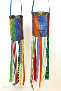 Mom's Crafty Space: Kids Craft: Recycled Tin Can Windsocks~ I think this would be a cute craft for 4th of July using red, white and blue and maybe stars on the cans.