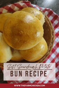 Pin Image for Sourdough Potato Buns - Baked buns in a basket