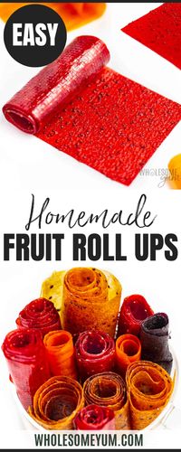 This healthy homemade fruit roll ups recipe needs just 2 natural ingredients and 5 minutes prep! Learn how to make fruit leather with no added sugar. #wholesomeyum