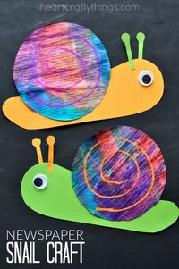 Paint newspaper with watercolors and then turn it into this bright and colorful newspaper snail craft for kids. It is such a happy and cheerful craft and makes a perfect spring kids craft or summer kids craft.