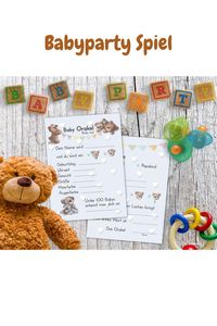 Baby Orakel, das perfekte Babyparty Spiel für Mädchen und Junge, Ratespiel mit 25 Tipp Karten mit Fragen, kreatives Geschenk für die Baby Shower, großer Spaß für Mama und Gäste (Bärchen)