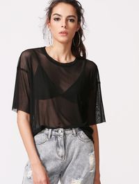 Top épaule tombé maille transparent - noir-French SheIn(Sheinside)