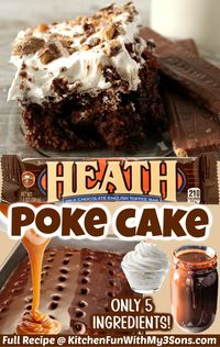 The Heath Bar Poke Cake combines sweet chocolate, rich caramel, and the saltiness of a classic Heath Bar. You can make this easy dessert with a delicious cake mix and a few basic pantry ingredients, and it'll be ready in only 30 minutes.