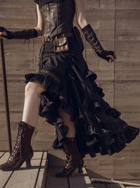 Steampunk Black Drawstring Tiered Retro Edge Long Skirt – Belchic