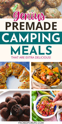 Genius & easy make ahead camping food ideas to pack for your next family camping trip. 35 premade camping recipes to keep your time in the camp kitchen to a minimum. Simple tent camping food ideas. Good camping food ideas make ahead, simple & quick to prep. Camping dinner ideas | Camping Lunch Ideas | Camping breakfast ideas | Camping Snacks & Desserts