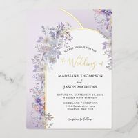 Modern elegant purple lavender and smoky gray themed wedding. Design features purple and smoky gray floral watercolor with real gold foil arch. Hand written script calligraphy "the wedding of" in gold foil together with minimalist contemporary font typography.